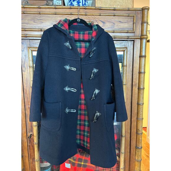 Littlewoods Jackets & Blazers - Vintage Littlewoods Navy Wool Duffle Coat – Tartan Plaid Lining, Hooded, UK 12